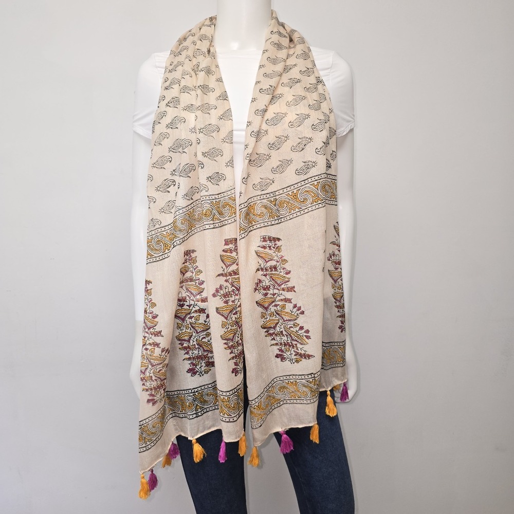 Sudha Bohemian Scarf Paisley Stamped Floral Greek Key Tassel Beige Women India